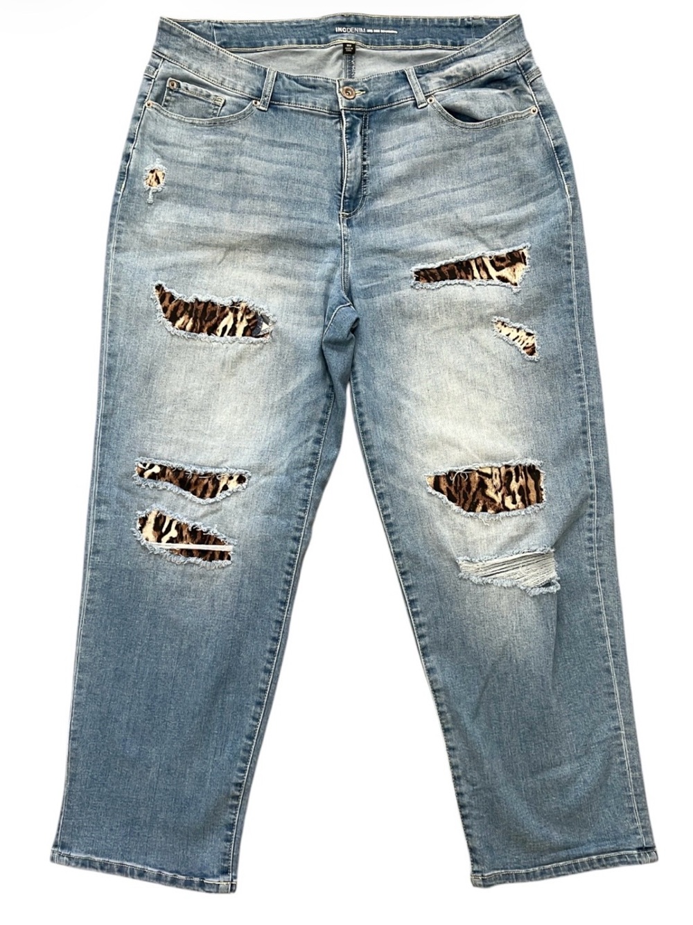 INC Denim Mid Rise Boyfriend Jeans 18W Distressed Leopard Print Plus Size